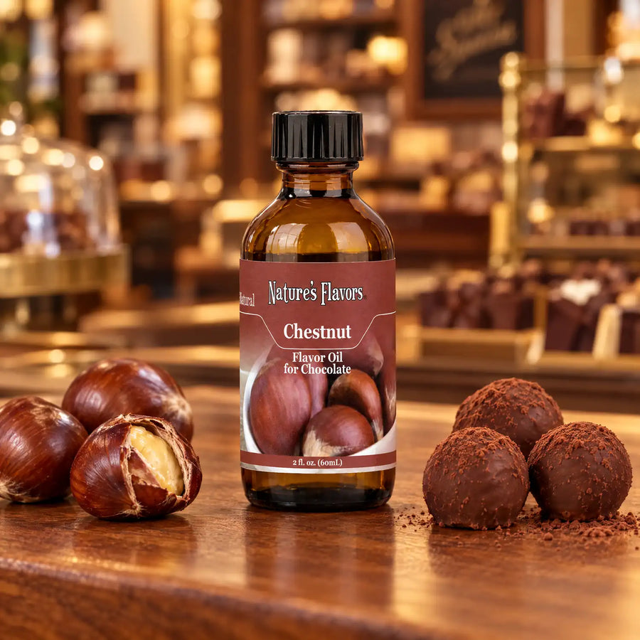 Nature's Flavors Chestnut Flavor Oil for Chocolate, 2-ounce bottle, with chestnuts and chocolate truffles.