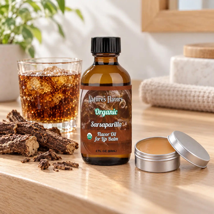 Nature's Flavors Organic Sarsaparilla Flavor Oil for Lip Balm, 2 oz bottle with flavor cues and an open lip-balm tin.
