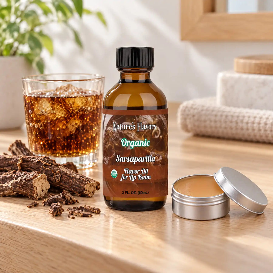Nature's Flavors Organic Sarsaparilla Flavor Oil for Lip Balm, 2 oz bottle with flavor cues and an open lip-balm tin.