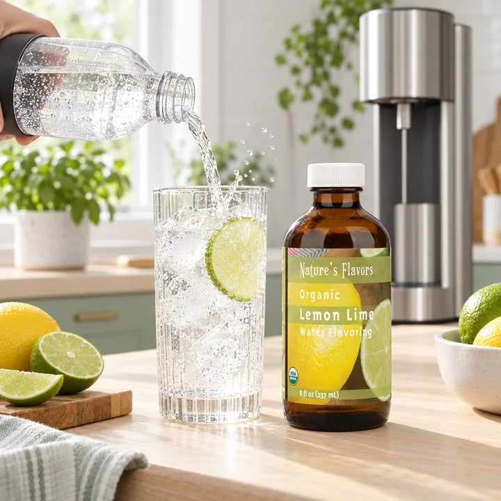 8 oz bottle of Nature's Flavors Organic Lemon Lime Water Flavoring beside a home soda maker as sparkling water is poured into a glass with lemon and lime