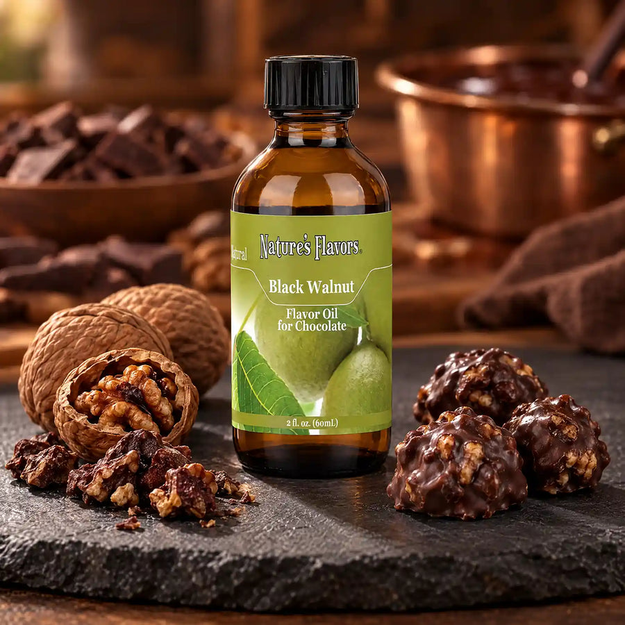 Nature's Flavors Black Walnut Flavor Oil for Chocolate, 2-ounce bottle, with walnuts and chocolate walnut clusters.