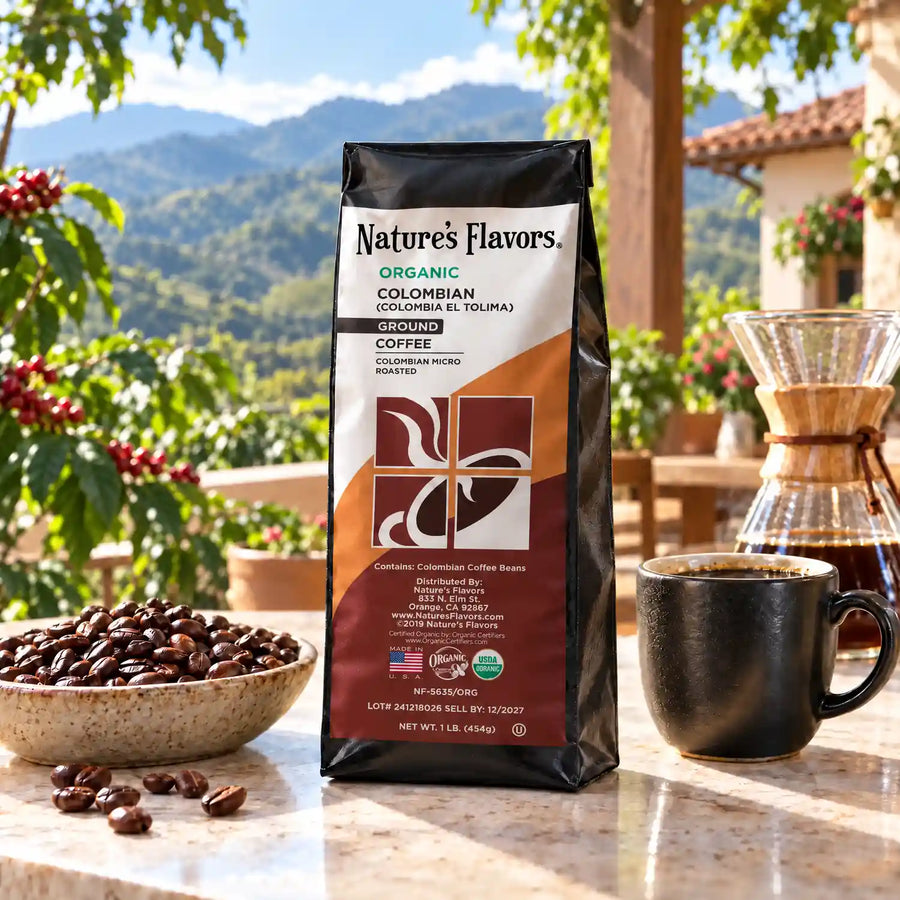 Nature’s Flavors Organic Colombian Coffee Beans (Colombia El Tolima), 1 lb. Ground, in a black labeled bag on an outdoor Colombian café terrace, beside roasted coffee beans, a filled black coffee mug and a pour-over brewer, with coffee plants and green mountain views.