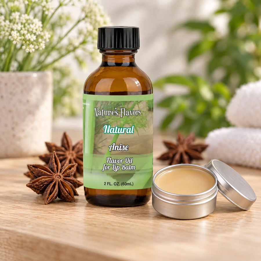 Nature's Flavors Anise Flavor Oil for Lip Balm, 2 oz bottle with flavor cues and an open lip-balm tin.