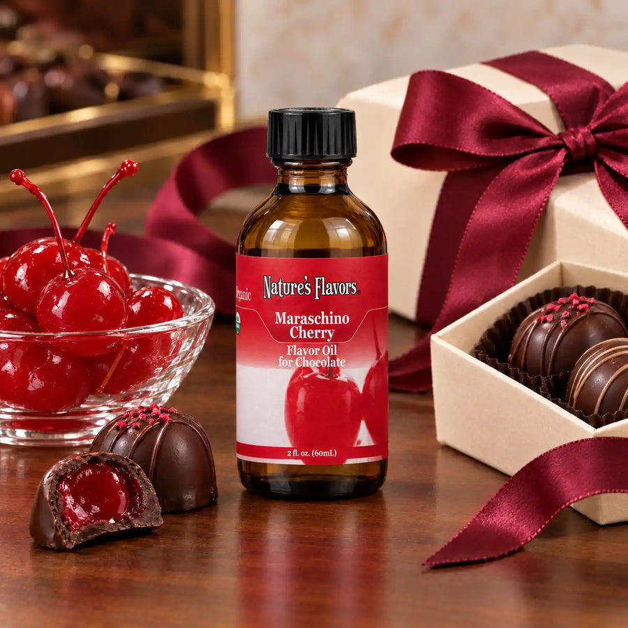 Nature's Flavors Organic Maraschino Cherry Flavor Oil For Chocolate, 2-ounce bottle, with maraschino cherries and boxed chocolates.