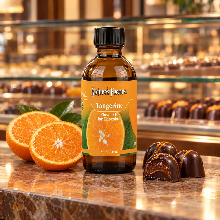 Nature's Flavors Organic Tangerine Flavor Oil For Chocolate, 2-ounce bottle, with tangerines and chocolate bonbons.