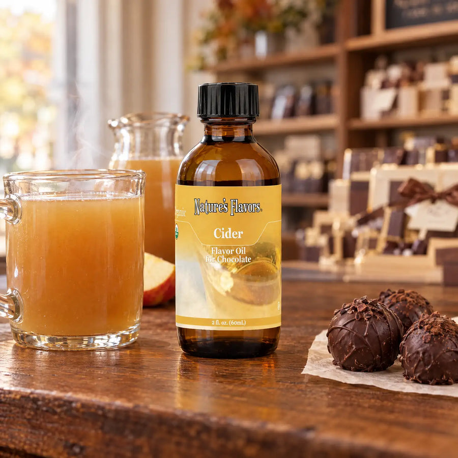 Nature's Flavors Organic Cider Flavor Oil For Chocolate, 2-ounce bottle, with warm cloudy apple cider in a glass mug, a cider pitcher and chocolate truffles.