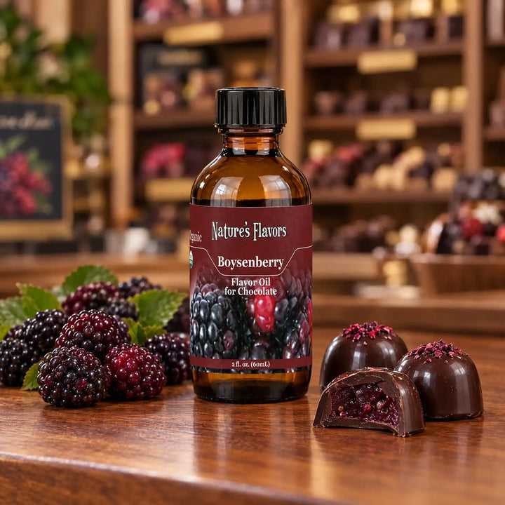 Nature's Flavors Organic Boysenberry Flavor Oil For Chocolate, 2-ounce bottle, with boysenberries and chocolate bonbons.