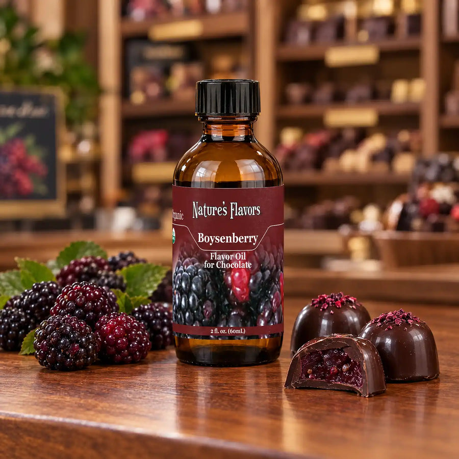 Nature's Flavors Organic Boysenberry Flavor Oil For Chocolate, 2-ounce bottle, with boysenberries and chocolate bonbons.