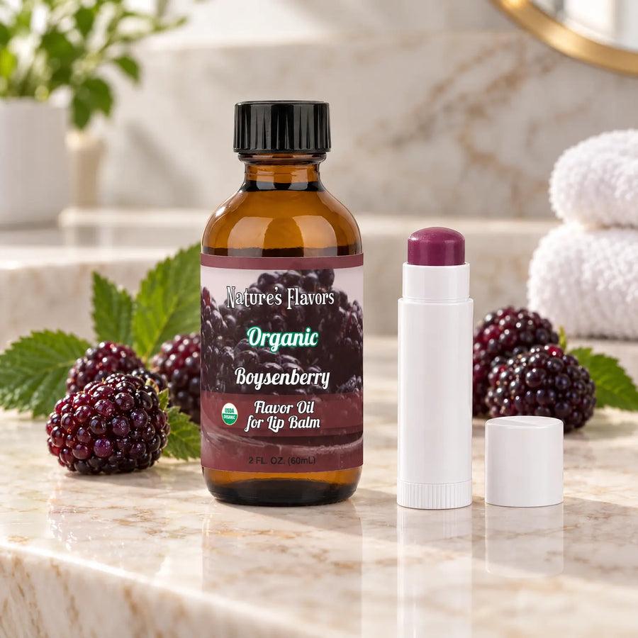 Nature's Flavors Organic Boysenberry Flavor Oil for Lip Balm, 2 oz bottle with flavor cues and an open lip-balm tube.