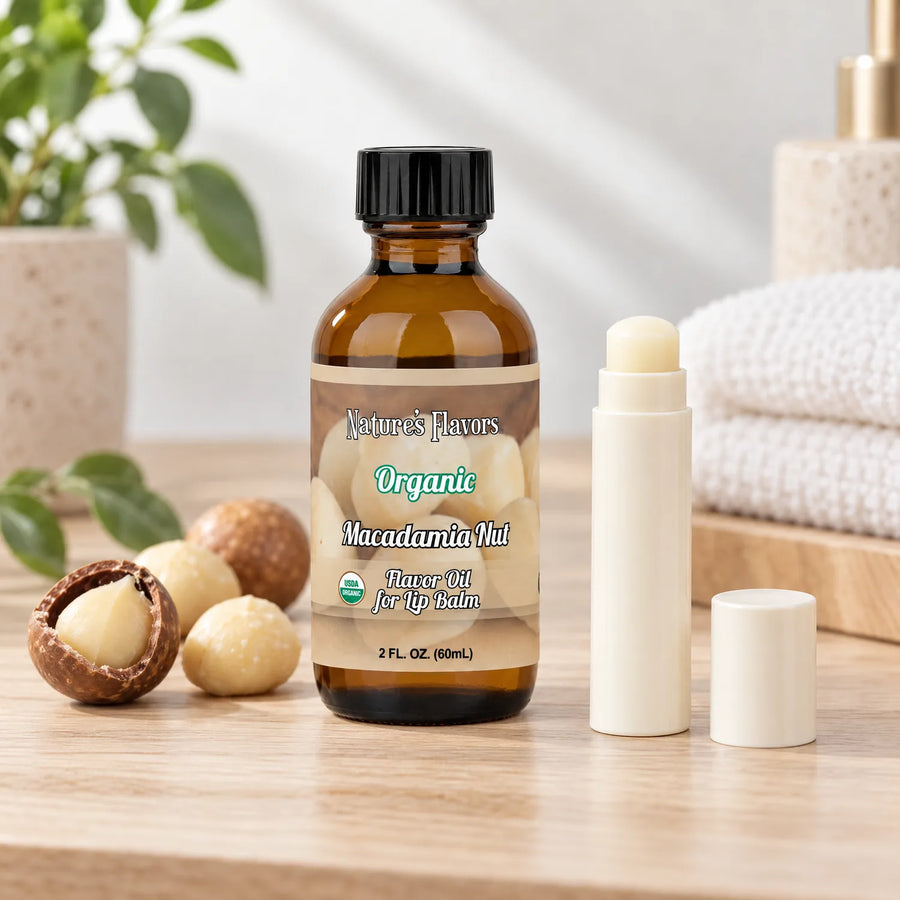 Nature's Flavors Organic Macadamia Nut Flavor Oil for Lip Balm, 2 oz bottle with flavor cues and an open lip-balm tube.