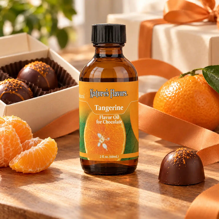 Nature's Flavors Tangerine Flavor Oil for Chocolate, 2-ounce bottle, with tangerine segments and boxed chocolate bonbons.