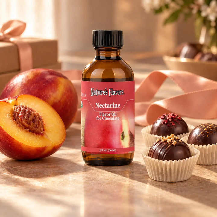 Nature's Flavors Organic Nectarine Flavor Oil For Chocolate, 2-ounce bottle, with nectarine halves and boxed chocolate bonbons.
