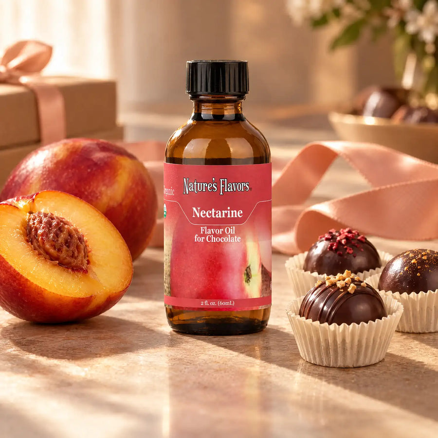 Nature's Flavors Organic Nectarine Flavor Oil For Chocolate, 2-ounce bottle, with nectarine halves and boxed chocolate bonbons.