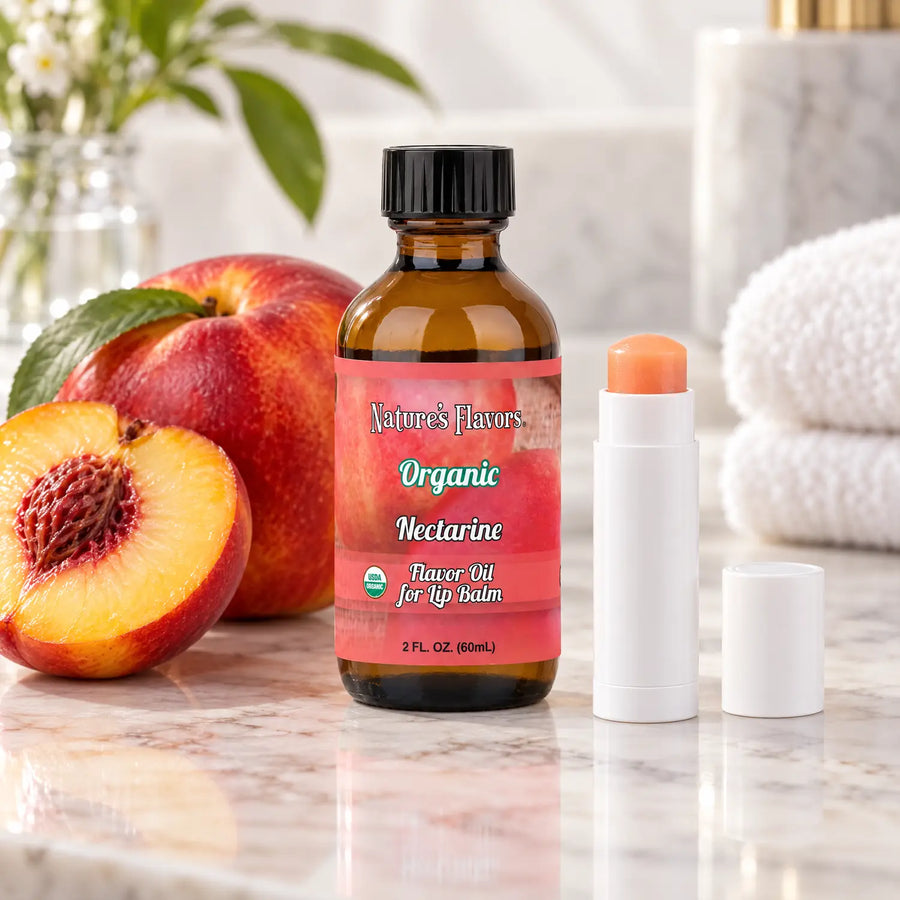 Nature's Flavors Organic Nectarine Flavor Oil for Lip Balm, 2 oz bottle with flavor cues and an open lip-balm tube.