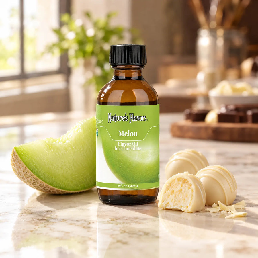Nature's Flavors Organic Melon Flavor Oil For Chocolate, 2-ounce bottle, with melon and white chocolate bonbons.