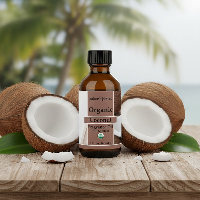 Nature's Flavors Organic Coconut Fragrance Oil bottle with coconuts on a wooden surface