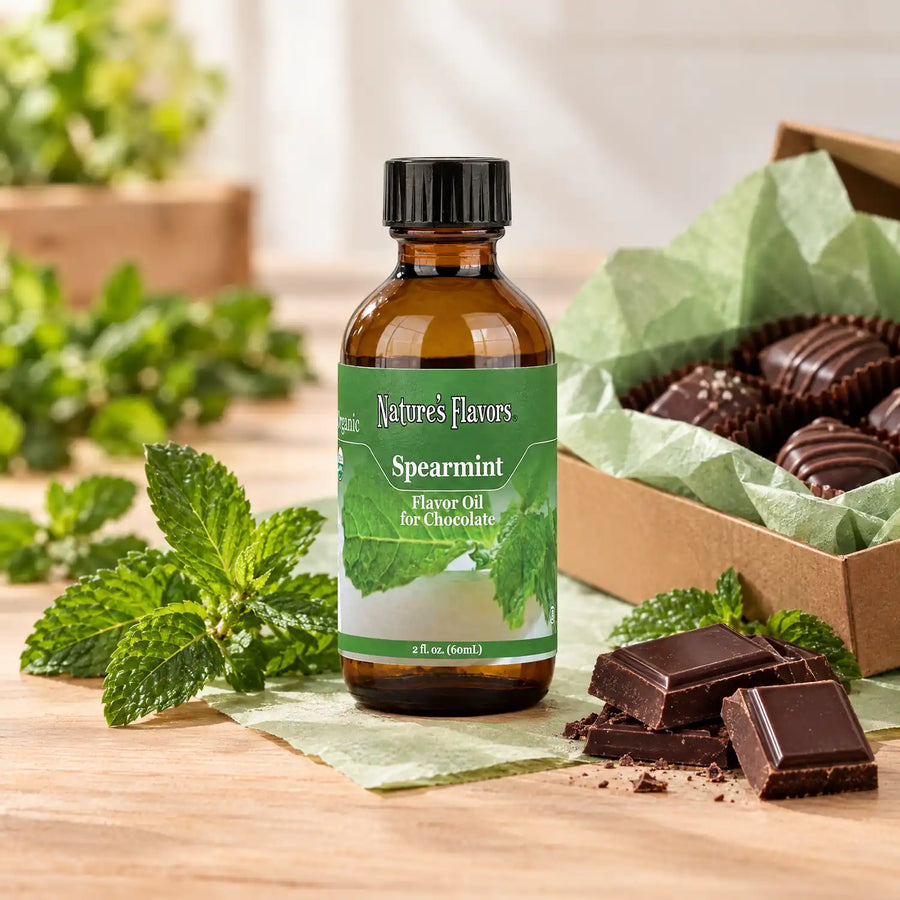 Nature's Flavors Organic Spearmint Flavor Oil For Chocolate, 2-ounce bottle, with spearmint leaves and dark chocolate.