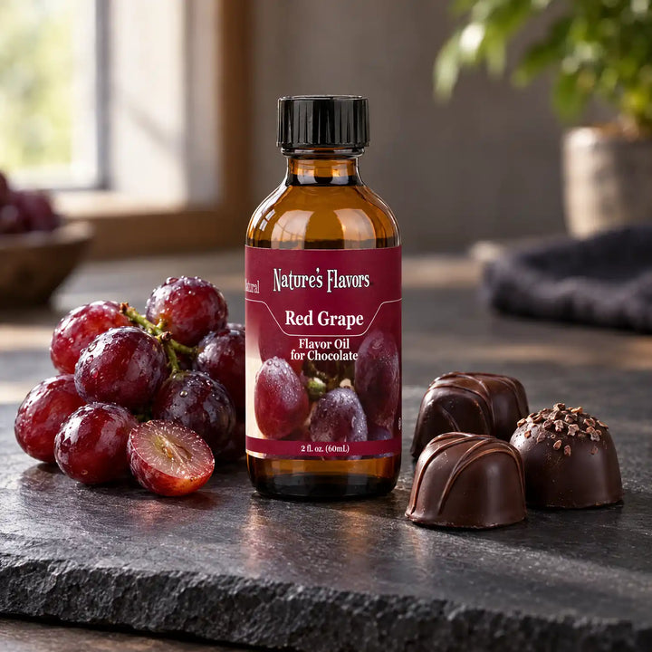 Nature's Flavors Red Grape Flavor Oil for Chocolate, 2-ounce bottle, with red grapes and dark chocolate bonbons.