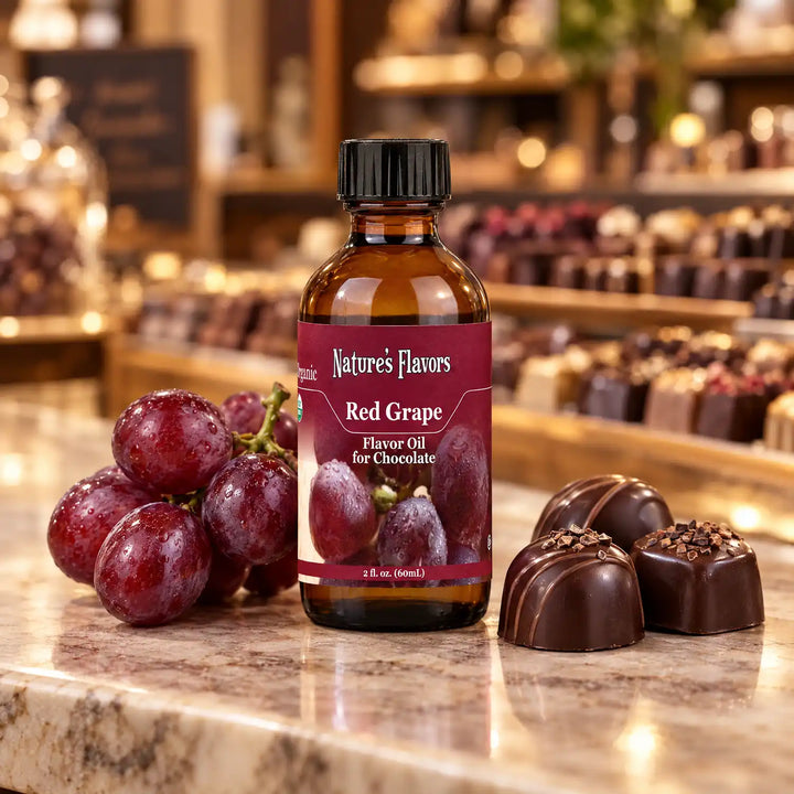 Nature's Flavors Organic Red Grape Flavor Oil For Chocolate, 2-ounce bottle, with red grapes and chocolate bonbons.