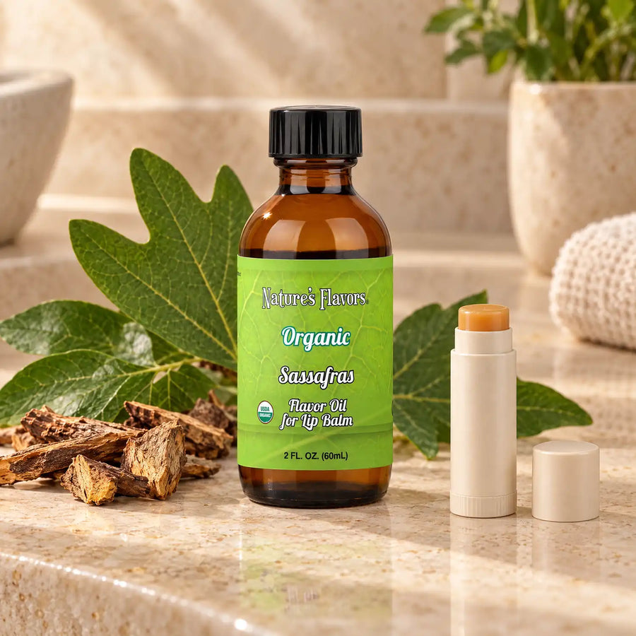 Nature's Flavors Organic Sassafras Flavor Oil for Lip Balm, 2 oz bottle with flavor cues and an open lip-balm tube.