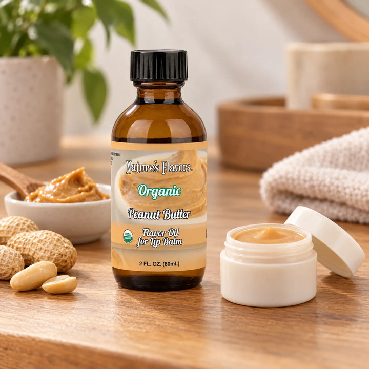 Nature's Flavors Organic Peanut Butter Flavor Oil for Lip Balm, 2 oz bottle with flavor cues and an open lip-balm jar.