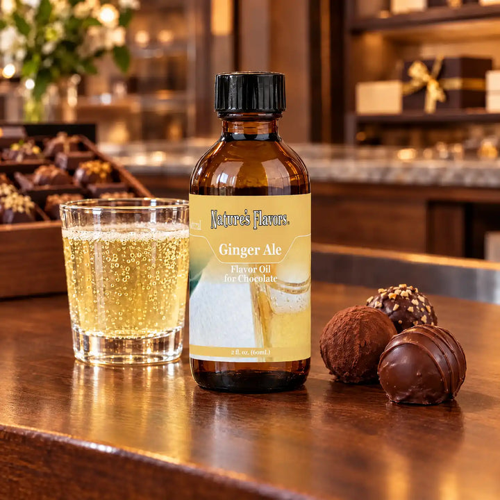 Nature's Flavors Ginger Ale Flavor Oil for Chocolate, 2-ounce bottle, with a glass of ginger ale and chocolate truffles.