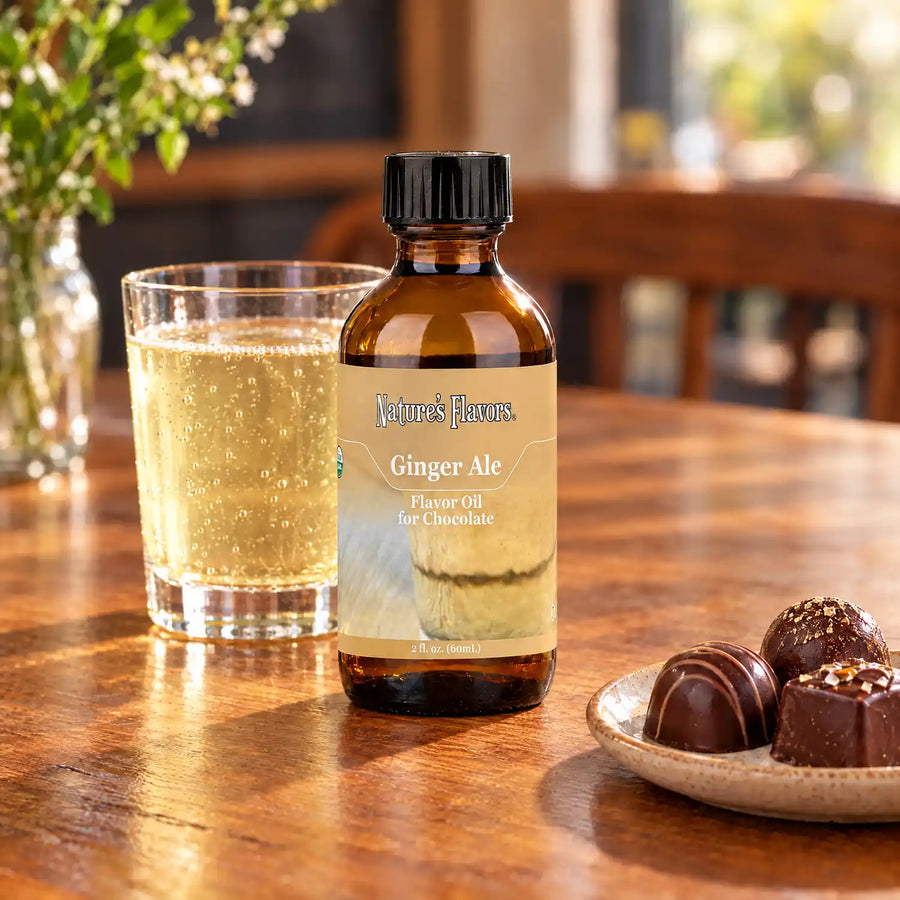 Nature's Flavors Organic Ginger Ale Flavor Oil For Chocolate, 2-ounce bottle, with a glass of ginger ale and chocolate bonbons.