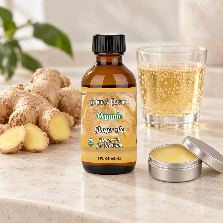 Nature's Flavors Organic Ginger Ale Flavor Oil for Lip Balm, 2 oz bottle with flavor cues and an open lip-balm tin.