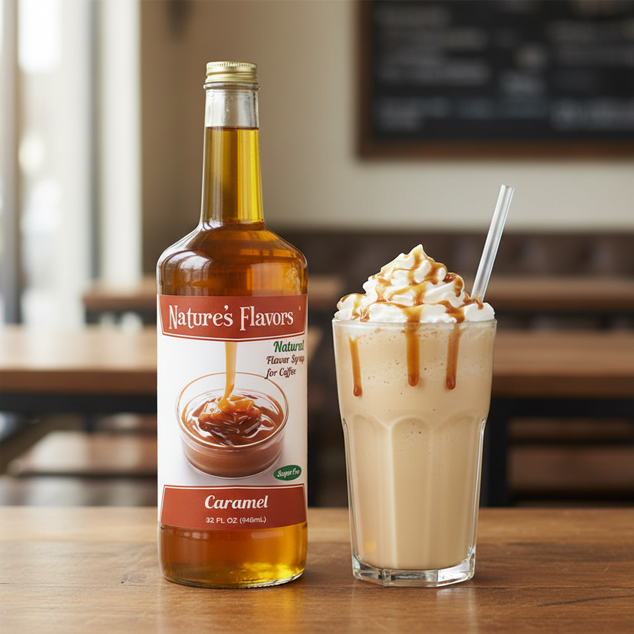 Bottle of Nature's Flavors sugar free Caramel syrup next to a glass of a caramel-flavored drink with whipped cream and a straw on a wooden table.