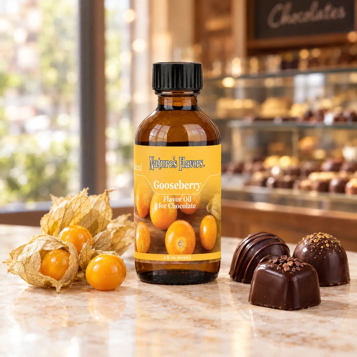 Nature's Flavors Gooseberry Flavor Oil for Chocolate, 2-ounce bottle, with golden gooseberries and chocolate bonbons.