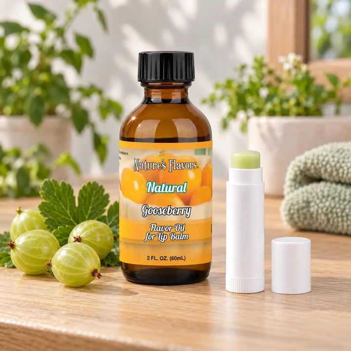 Nature's Flavors Gooseberry Flavor Oil for Lip Balm, 2 oz bottle with flavor cues and an open lip-balm tube.