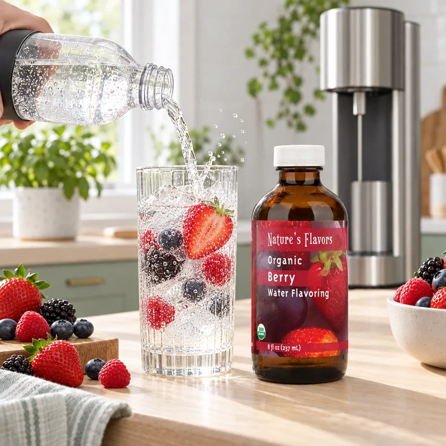 8 oz bottle of Nature's Flavors Organic Berry Water Flavoring beside a home soda maker as sparkling water is poured over mixed berries