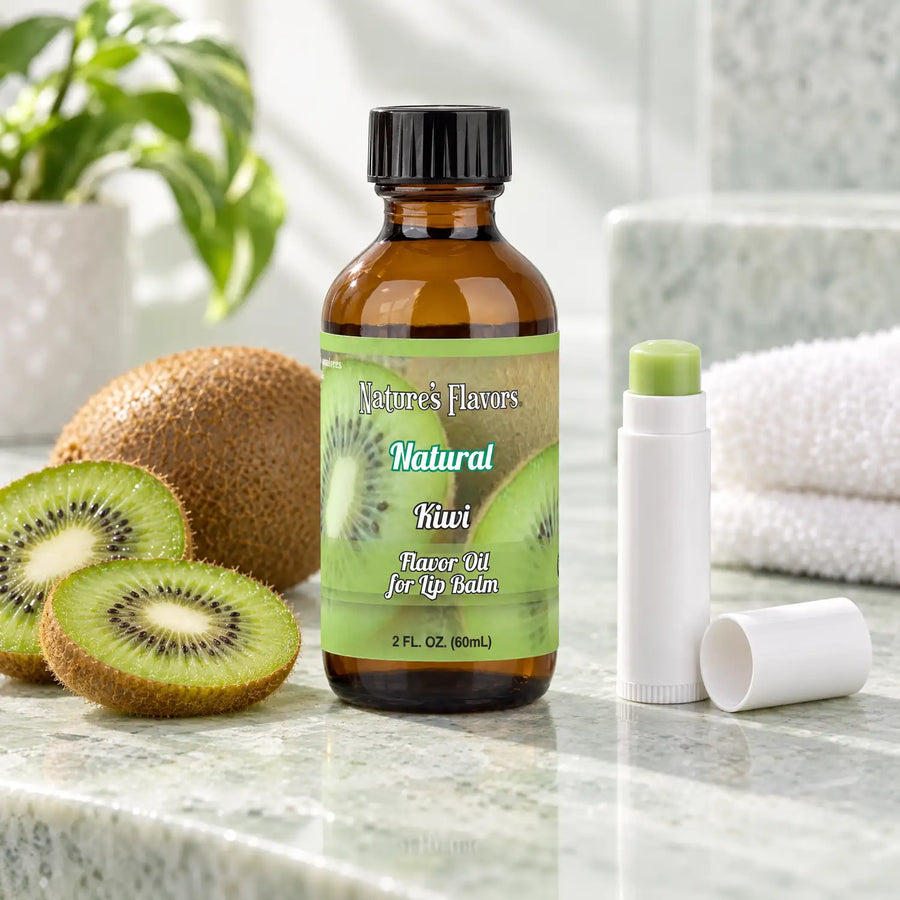 Nature's Flavors Kiwi Flavor Oil for Lip Balm, 2 oz bottle with flavor cues and an open lip-balm tube.