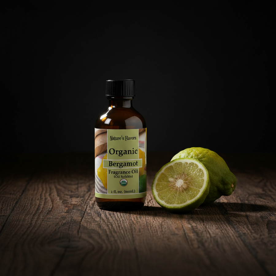 Bottle of Organic Bergamot Fragrance Oil with a sliced lime on a wooden surface
