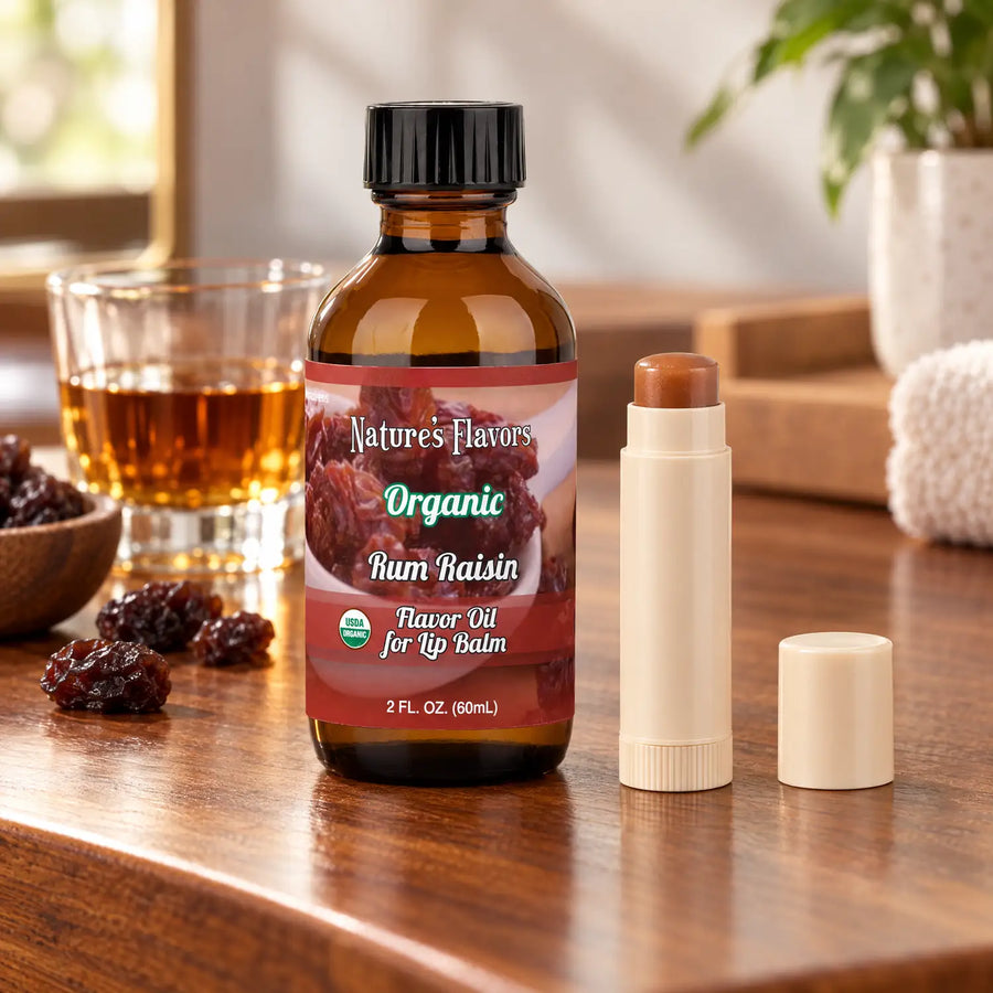 Nature's Flavors Organic Rum Raisin Flavor Oil for Lip Balm, 2 oz bottle with flavor cues and an open lip-balm tube.