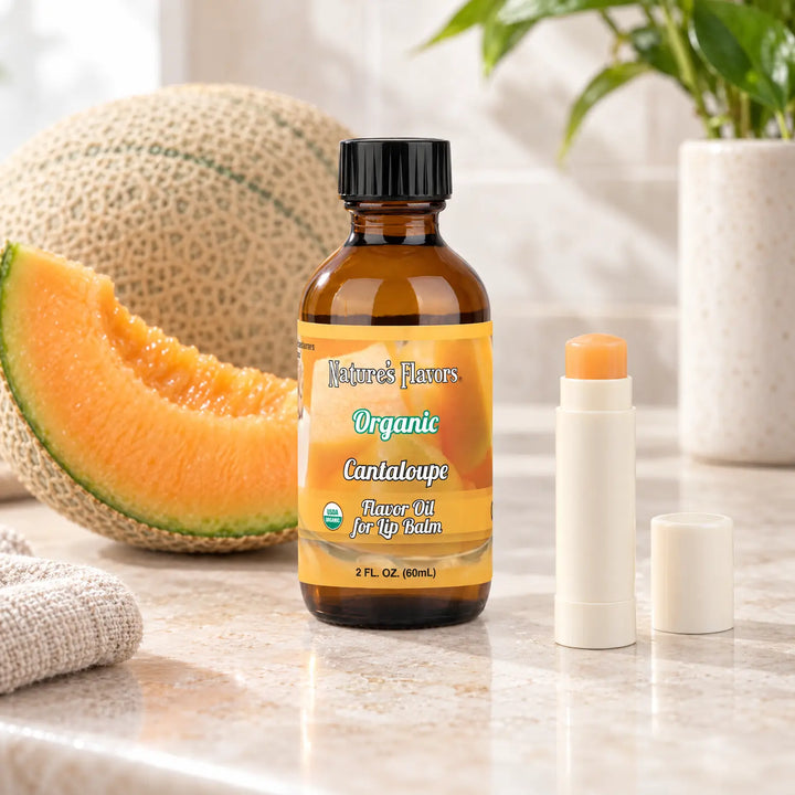 Nature's Flavors Organic Cantaloupe Flavor Oil for Lip Balm, 2 oz bottle with flavor cues and an open lip-balm tube.