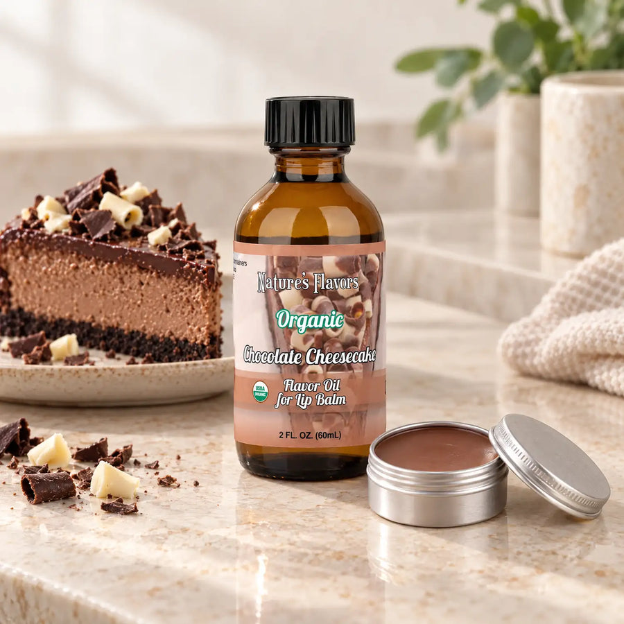 Nature's Flavors Organic Chocolate Cheesecake Flavor Oil for Lip Balm, 2 oz bottle with flavor cues and an open lip-balm tin.