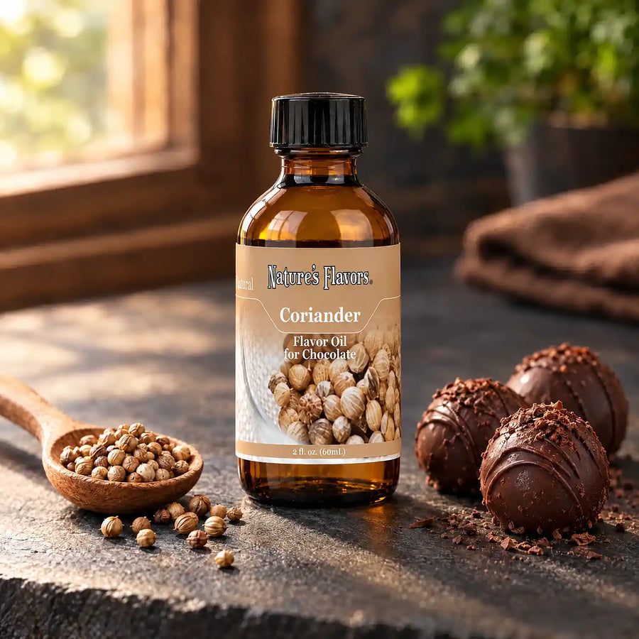 Nature's Flavors Coriander Flavor Oil for Chocolate, 2-ounce bottle, with coriander seeds and chocolate truffles.