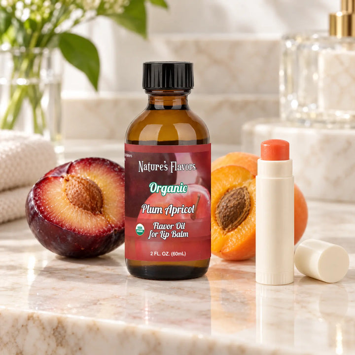 Nature's Flavors Organic Plum Apricot Flavor Oil for Lip Balm, 2 oz bottle with flavor cues and an open lip-balm tube.