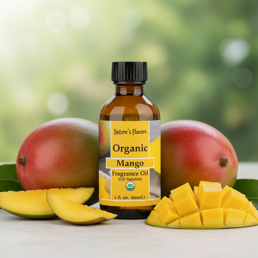 Bottle of Nature's Flavors Organic Mango Fragrance Oil with mangoes and mango slices on a blurred green background
