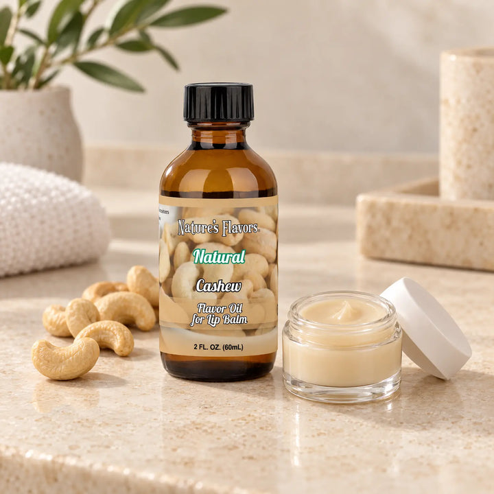 Nature's Flavors Cashew Flavor Oil for Lip Balm, 2 oz bottle with flavor cues and an open lip-balm jar.