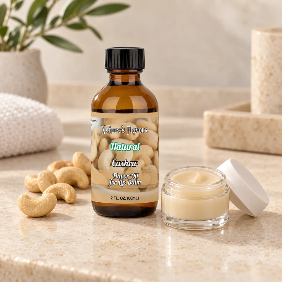 Nature's Flavors Cashew Flavor Oil for Lip Balm, 2 oz bottle with flavor cues and an open lip-balm jar.