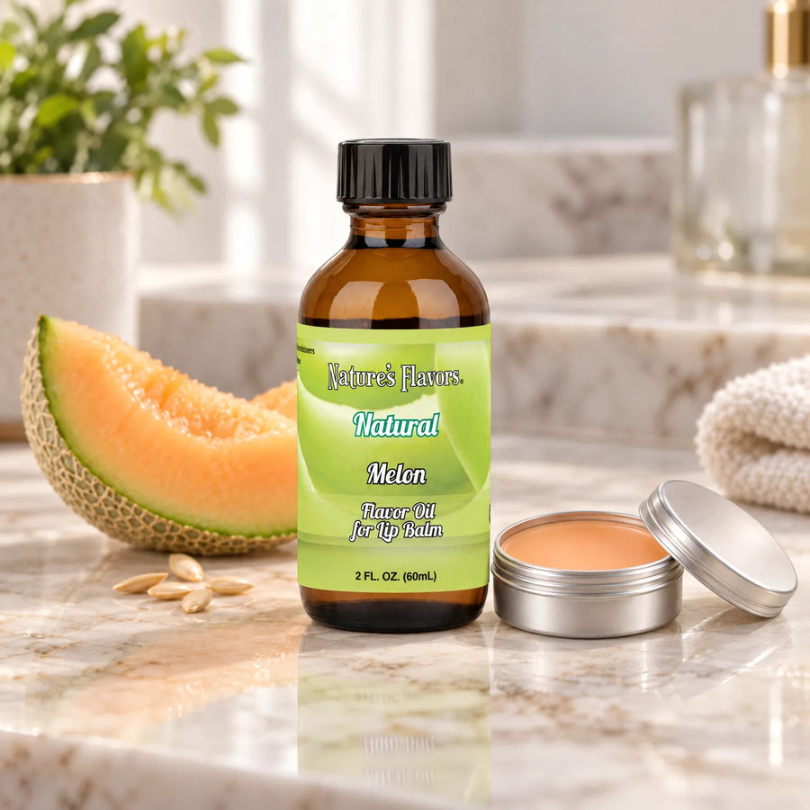 Nature's Flavors Melon Flavor Oil for Lip Balm, 2 oz bottle with flavor cues and an open lip-balm tin.