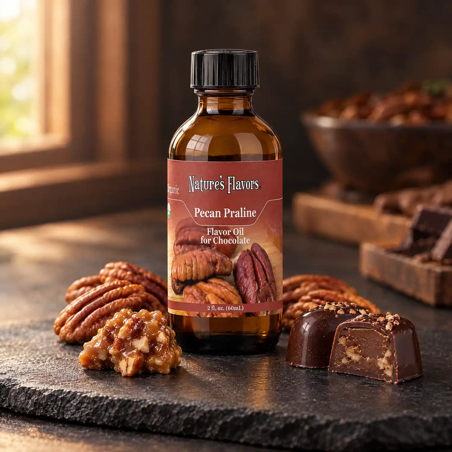 Nature's Flavors Organic Pecan Praline Flavor Oil For Chocolate, 2-ounce bottle, with pecans, praline and chocolate bonbons.