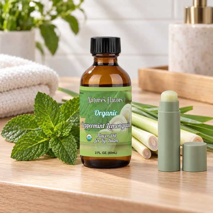 Nature's Flavors Organic Peppermint Lemongrass Flavor Oil for Lip Balm, 2 oz bottle with flavor cues and an open lip-balm tube.