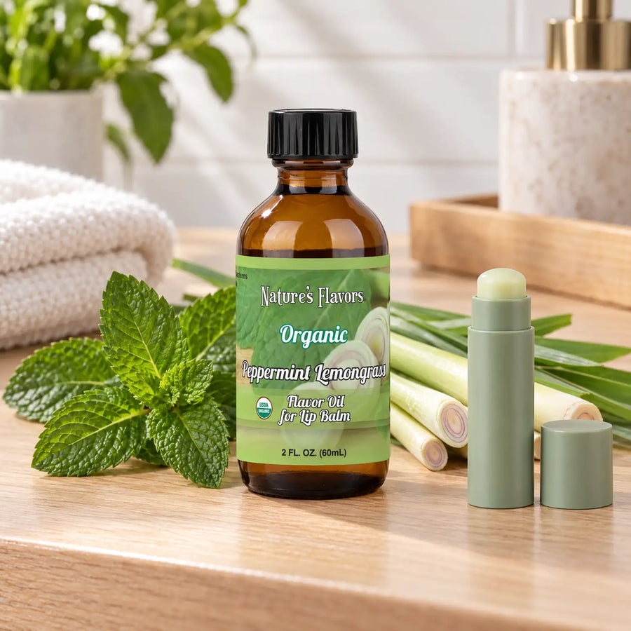 Nature's Flavors Organic Peppermint Lemongrass Flavor Oil for Lip Balm, 2 oz bottle with flavor cues and an open lip-balm tube.