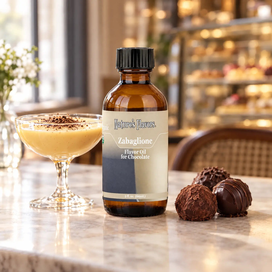 Nature's Flavors Organic Zabaglione Flavor Oil For Chocolate, 2-ounce bottle, with zabaglione custard and chocolate truffles.