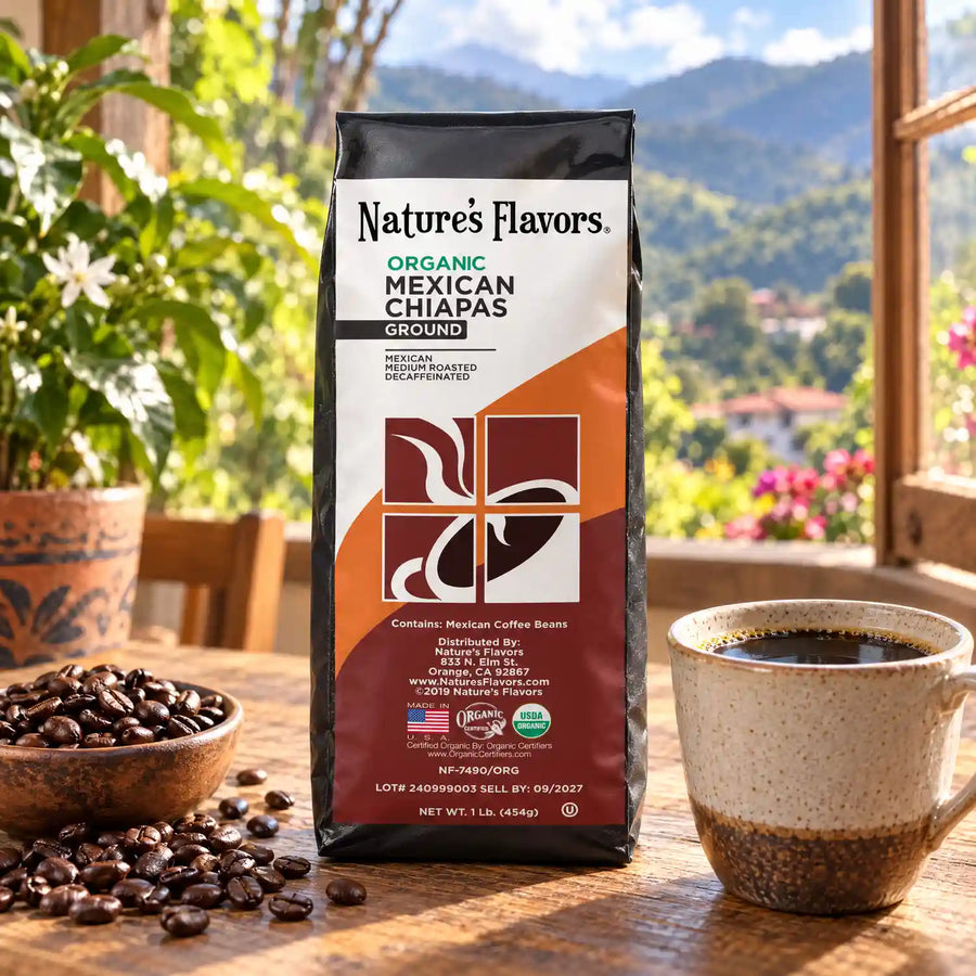 Nature’s Flavors Organic Decaf Mexican Chiapas Coffee Bean, 1 lb. Ground, in a black labeled bag with whole roasted coffee beans and a filled coffee drink in a bright mexican mountain cafe.