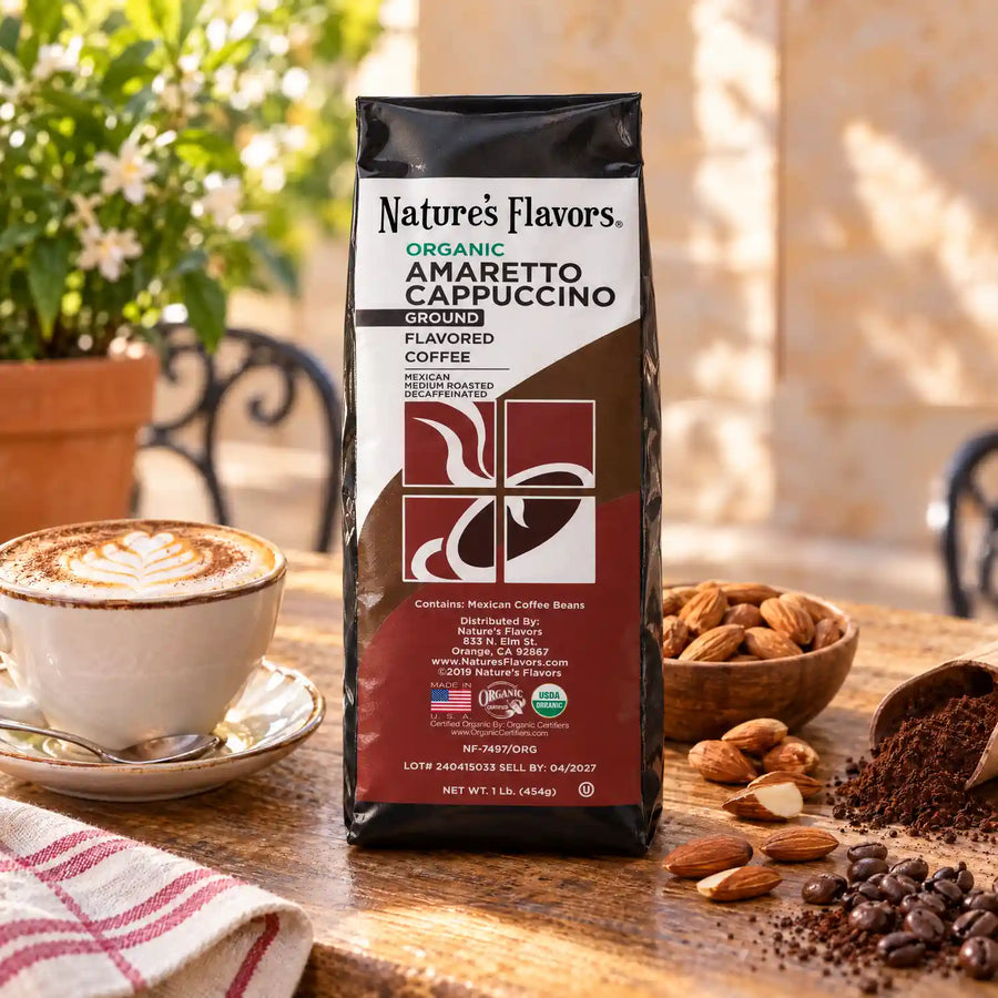 Nature’s Flavors Organic Decaf Amaretto Cappuccino Flavored Coffee Beans, 1 lb. Ground, beside flavor cues, roasted coffee beans, grounds and a filled coffee drink in a bright lifestyle scene.