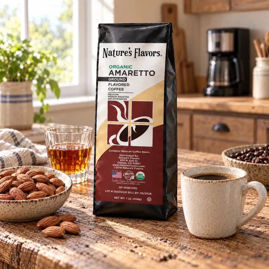 Nature’s Flavors Organic Decaf Amaretto Flavored Coffee Beans, 1 lb. Ground, on a rustic kitchen table beside almonds without shells, coffee beans, a closer glass of amaretto and a filled coffee mug, with a coffee maker on the background counter.